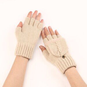 2/$30 Beige Knit Convertible Fingerless Gloves with Mitten Cover Hand Warmers